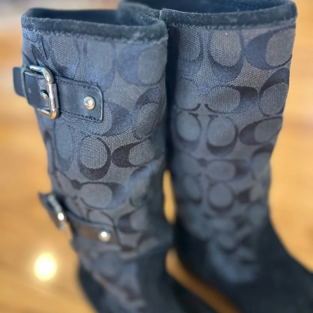 Coach Black Signature Patterned Suede Winter Lined Boots